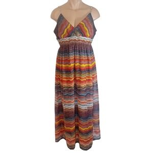 She's Cool Y2K Maxi Dress Sunset Geometric V Neck Straps Summer Vacation Boho XL